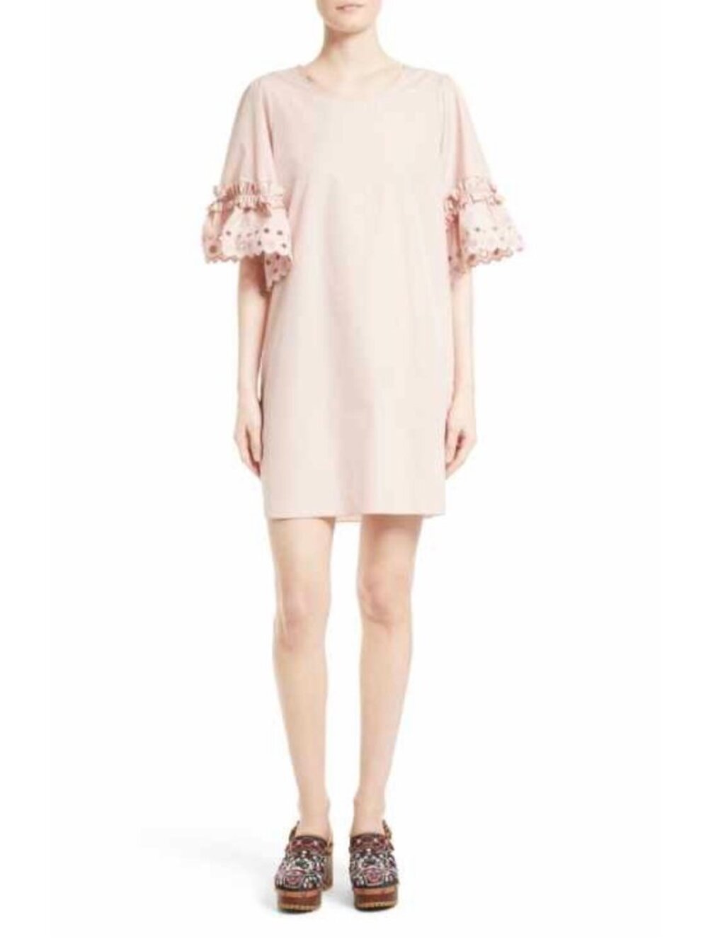 SEE BY CHLOE NWT $395 Eyelet sleeve Solid Pink Shift Dress in SkyBlush Size 42
